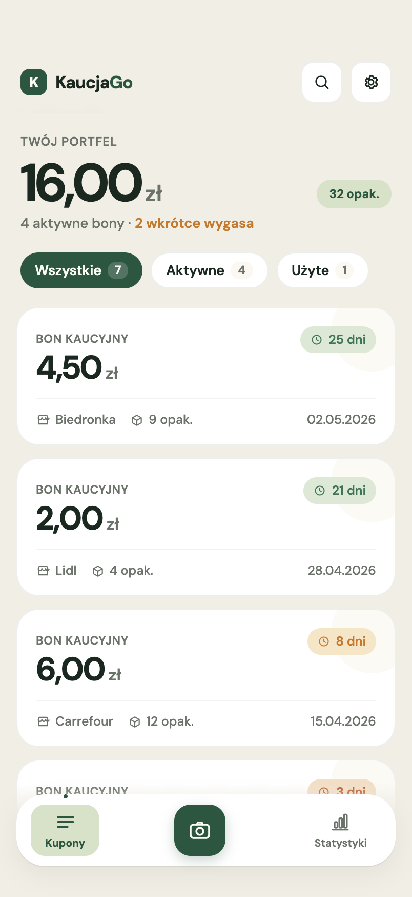 Ekran portfela KaucjaGo z listą bonów kaucyjnych